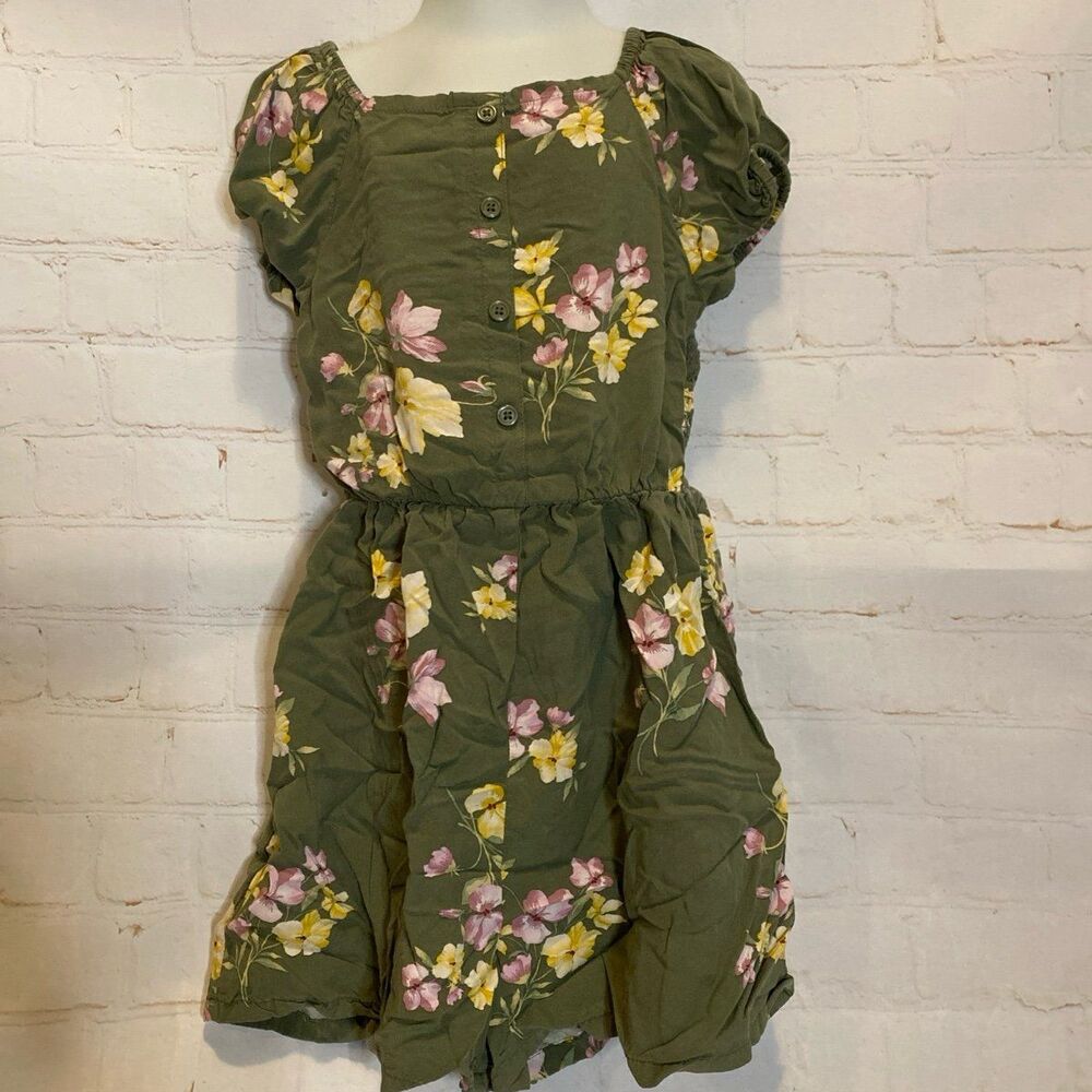 Old Navy Olive Green Pastel Floral Short Sleeve Romper